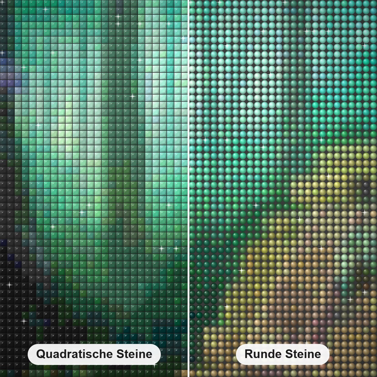 Verloren und gefunden - Kunst des Liam Kelly Diamond Painting Nahaufnahme mit quadratischen und runden Steinen