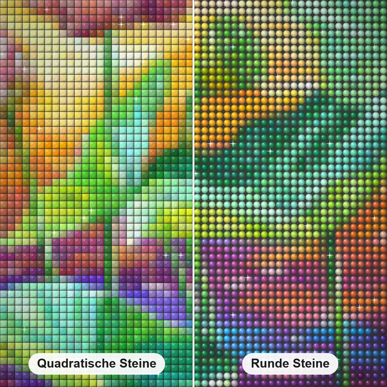 Lotusteich - Kunst des Sandra Trubin Diamond Painting Nahaufnahme mit quadratischen und runden Steinen