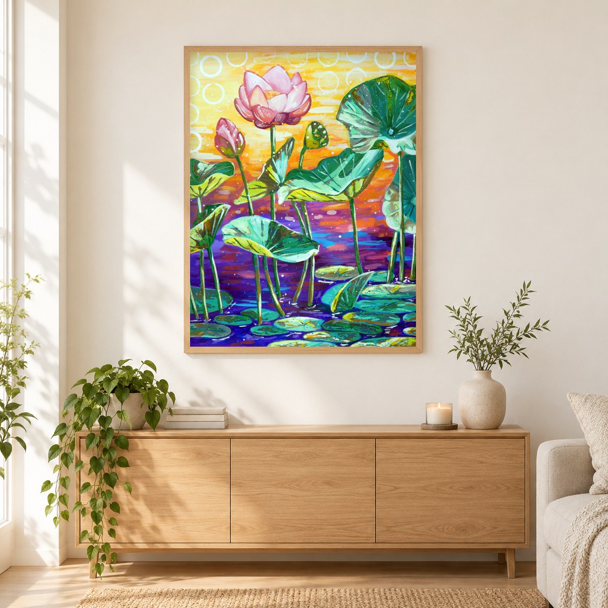 Lotusteich - Kunst des Sandra Trubin als gerahmtes Diamond Painting im Wohnzimmer
