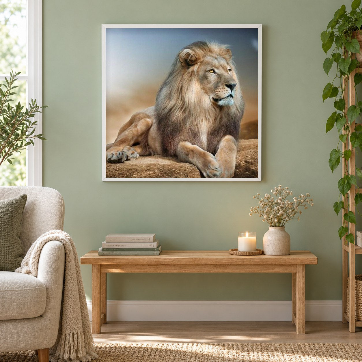 Löwe als gerahmtes Diamond Painting im Wohnzimmer