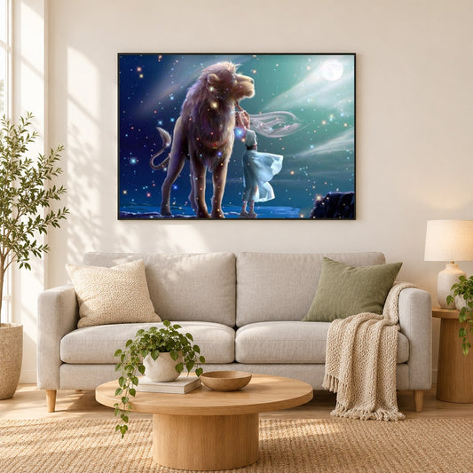 Löwe Tierkreis als gerahmtes Diamond Painting im Wohnzimmer