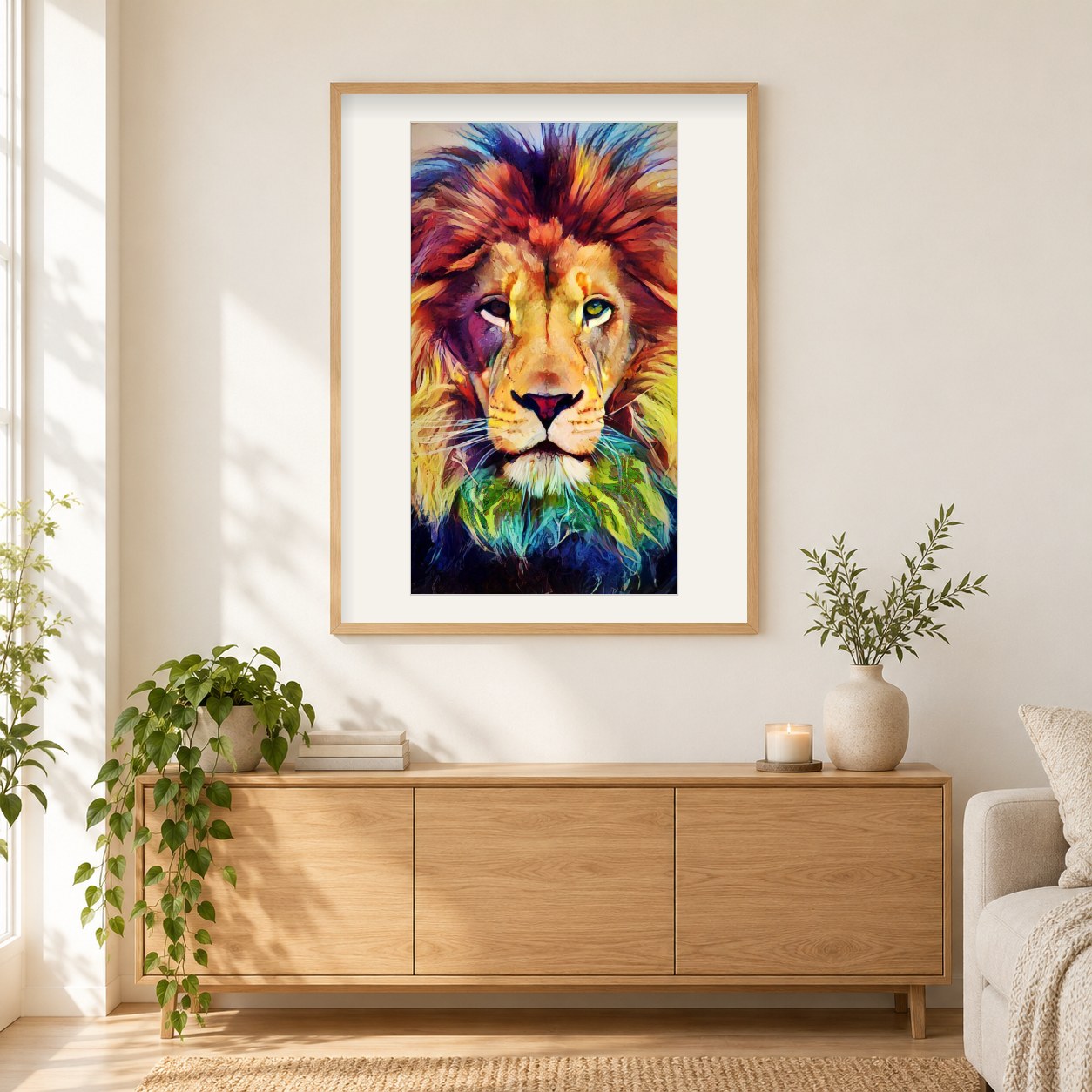 Löwenmalerei - Der König des Waldes als gerahmtes Diamond Painting im Wohnzimmer