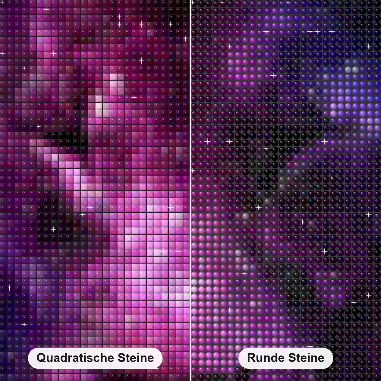 Löwenmalerei mit Galaxienhintergrund Diamond Painting Nahaufnahme mit quadratischen und runden Steinen