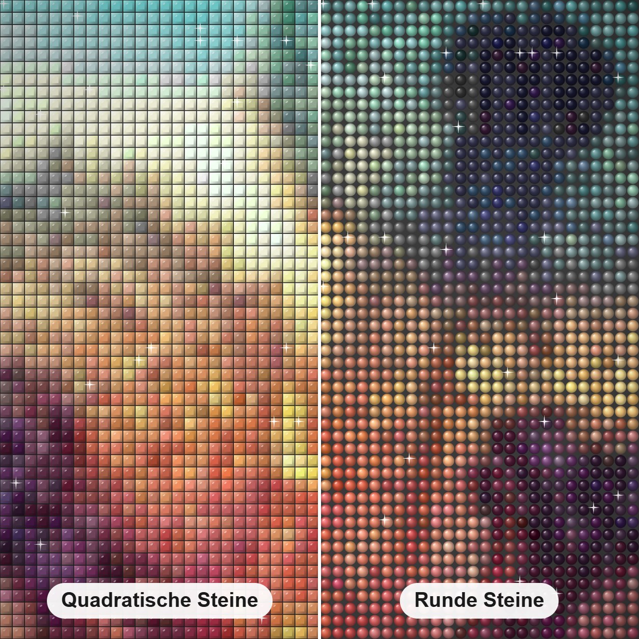 Löwenzahn Diamond Painting Nahaufnahme mit quadratischen und runden Steinen