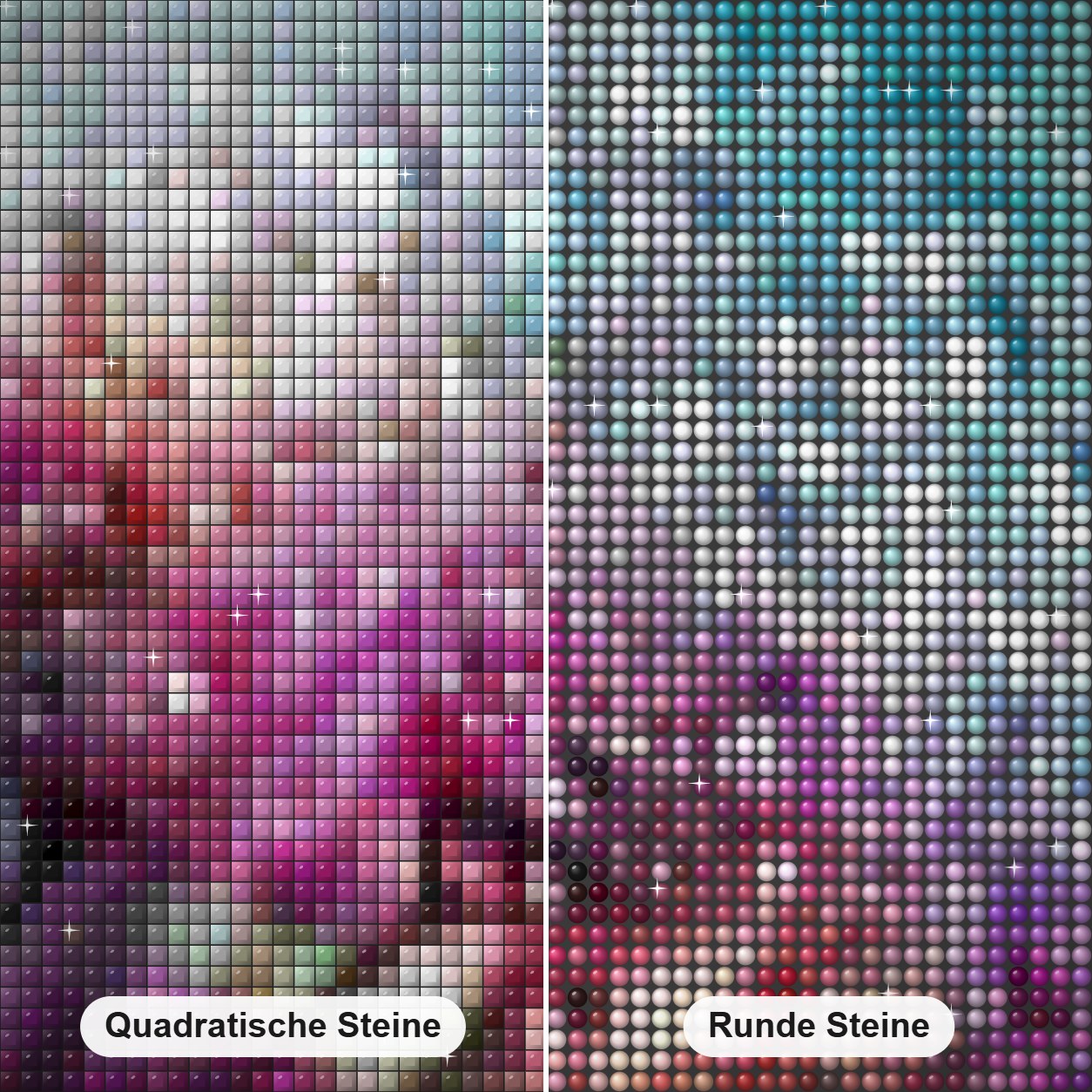Löwenzahn Samen mit Wassertropfen Diamond Painting Nahaufnahme mit quadratischen und runden Steinen