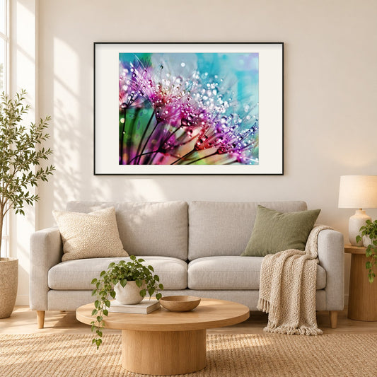 Löwenzahn Samen mit Wassertropfen als gerahmtes Diamond Painting im Wohnzimmer