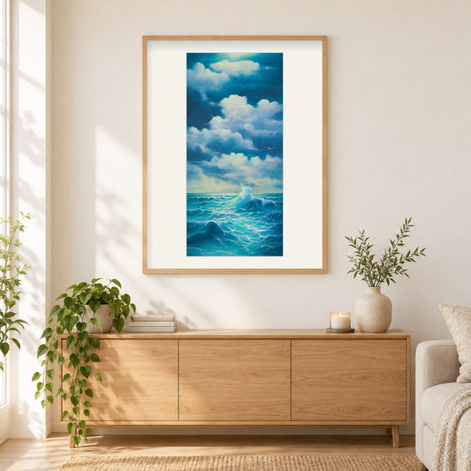 Lumineszenz - Kunst des Jonn Einerssen als gerahmtes Diamond Painting im Wohnzimmer