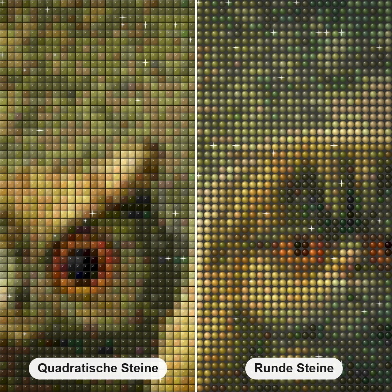 Lustige Eulenkorb Diamond Painting Nahaufnahme mit quadratischen und runden Steinen