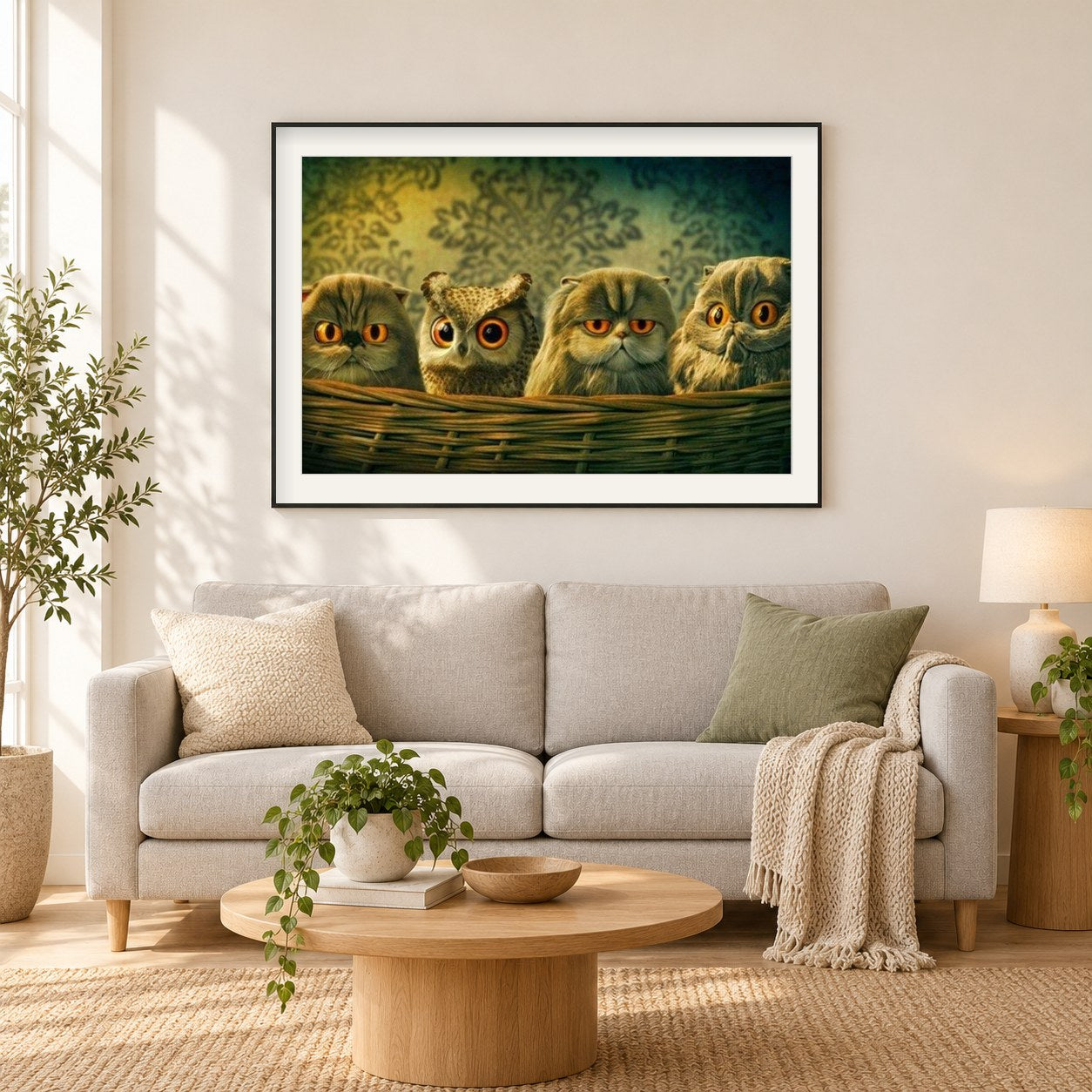 Lustige Eulenkorb als gerahmtes Diamond Painting im Wohnzimmer