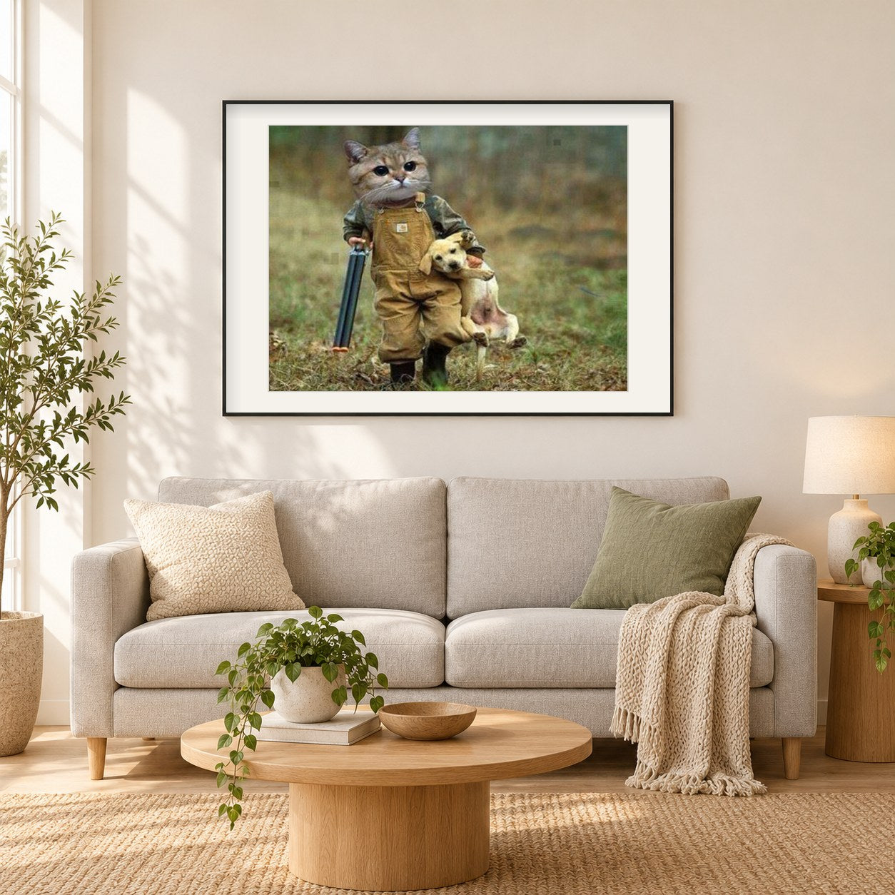 Lustige Gangster Katze und Welpe als gerahmtes Diamond Painting im Wohnzimmer