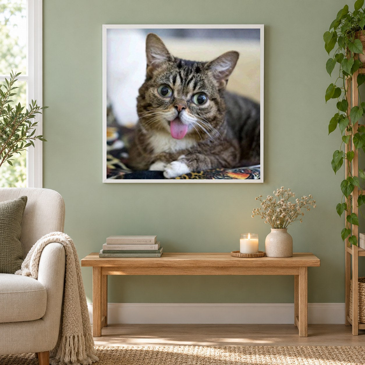 Lustige Katze mit Zunge heraus als gerahmtes Diamond Painting im Wohnzimmer