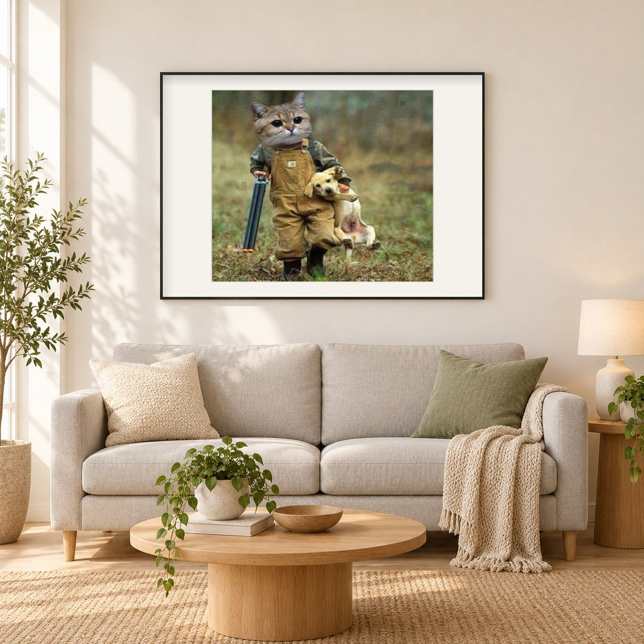 Lustiges Katzen- und Hunde Malerei-Kit als gerahmtes Diamond Painting im Wohnzimmer