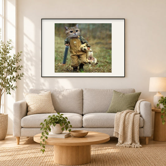 Lustiges Katzen- und Hunde Malerei-Kit als gerahmtes Diamond Painting im Wohnzimmer