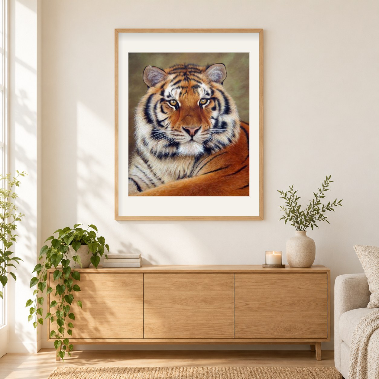 Mächtiger Tiger als gerahmtes Diamond Painting im Wohnzimmer