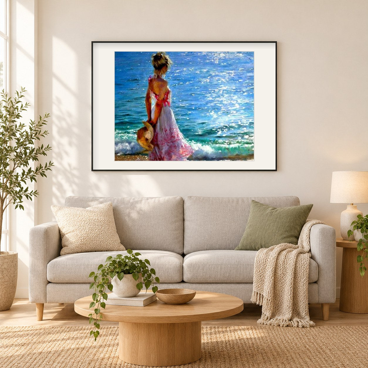 Mädchen, das das Meer schaut als gerahmtes Diamond Painting im Wohnzimmer