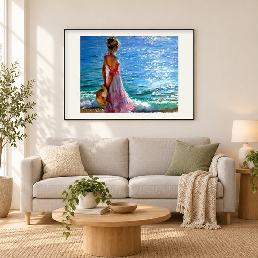 Mädchen, das das Meer schaut als gerahmtes Diamond Painting im Wohnzimmer