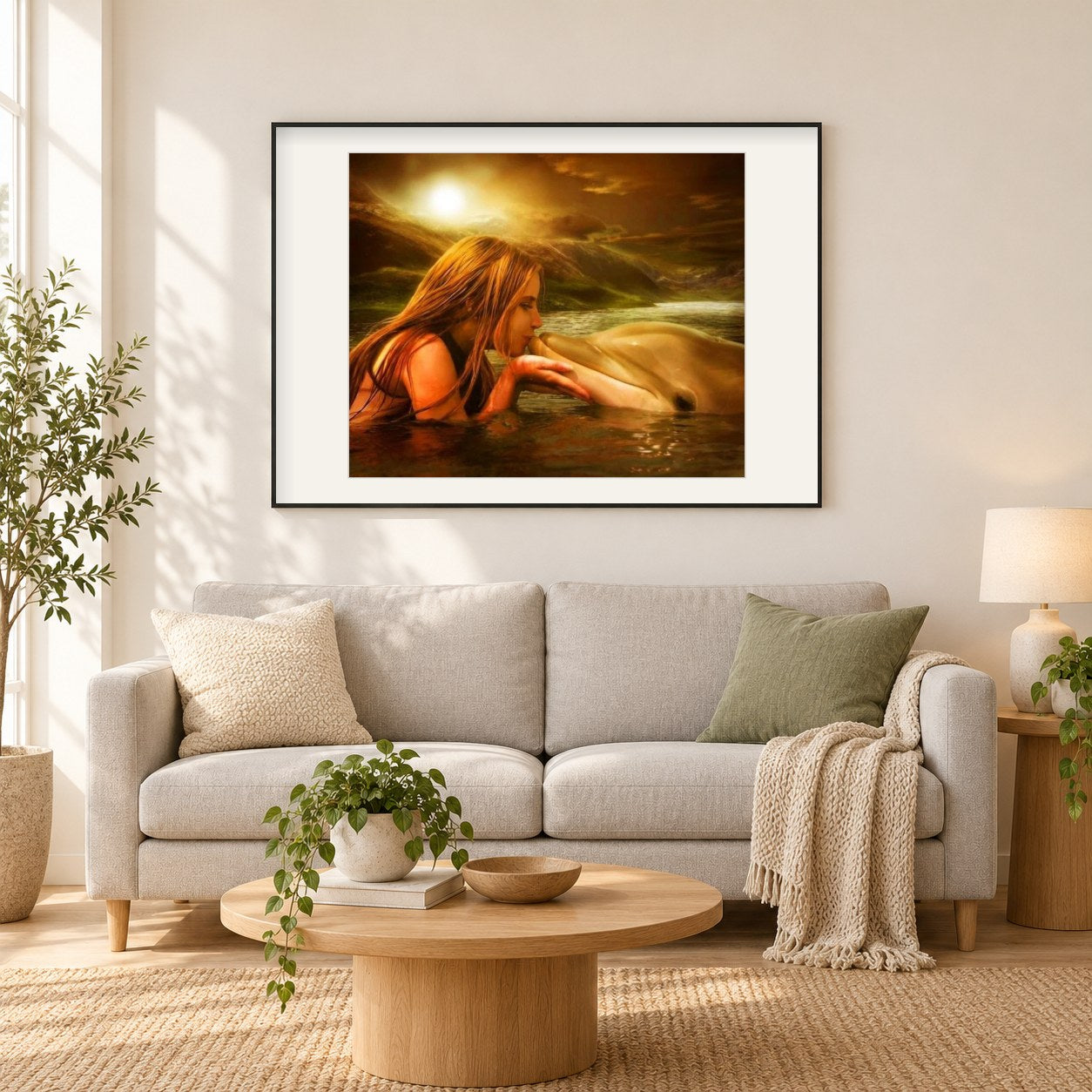 Mädchen, das den Delphin küsst als gerahmtes Diamond Painting im Wohnzimmer