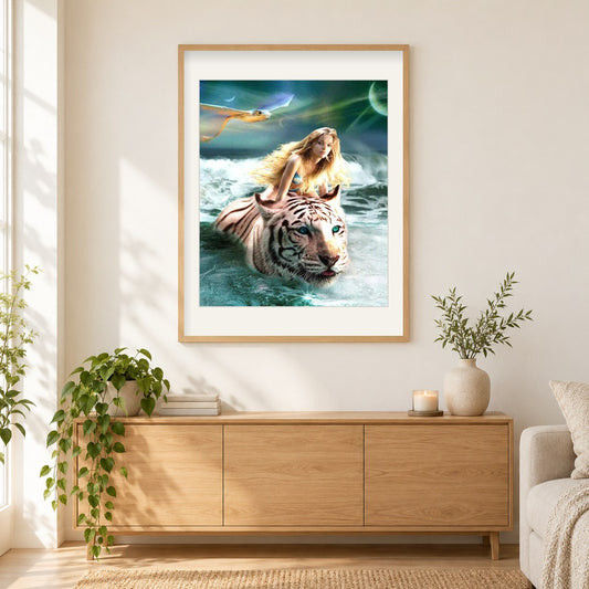 Mädchen, das einen weißen Tiger reitet als gerahmtes Diamond Painting im Wohnzimmer