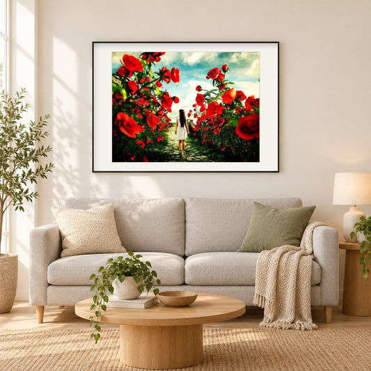 Mädchen, das im Rosengarten geht als gerahmtes Diamond Painting im Wohnzimmer