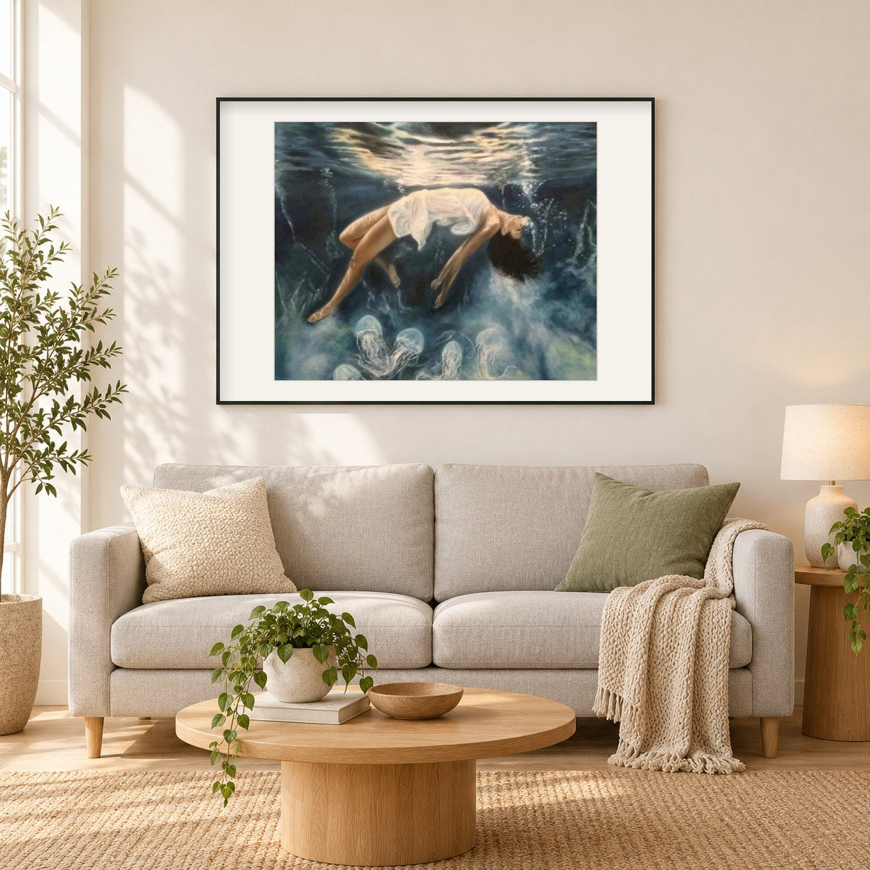 Mädchen, das im Wasser schwimm als gerahmtes Diamond Painting im Wohnzimmer
