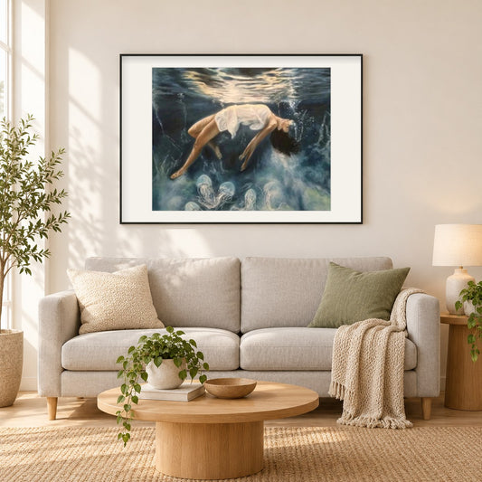 Mädchen, das im Wasser schwimm als gerahmtes Diamond Painting im Wohnzimmer