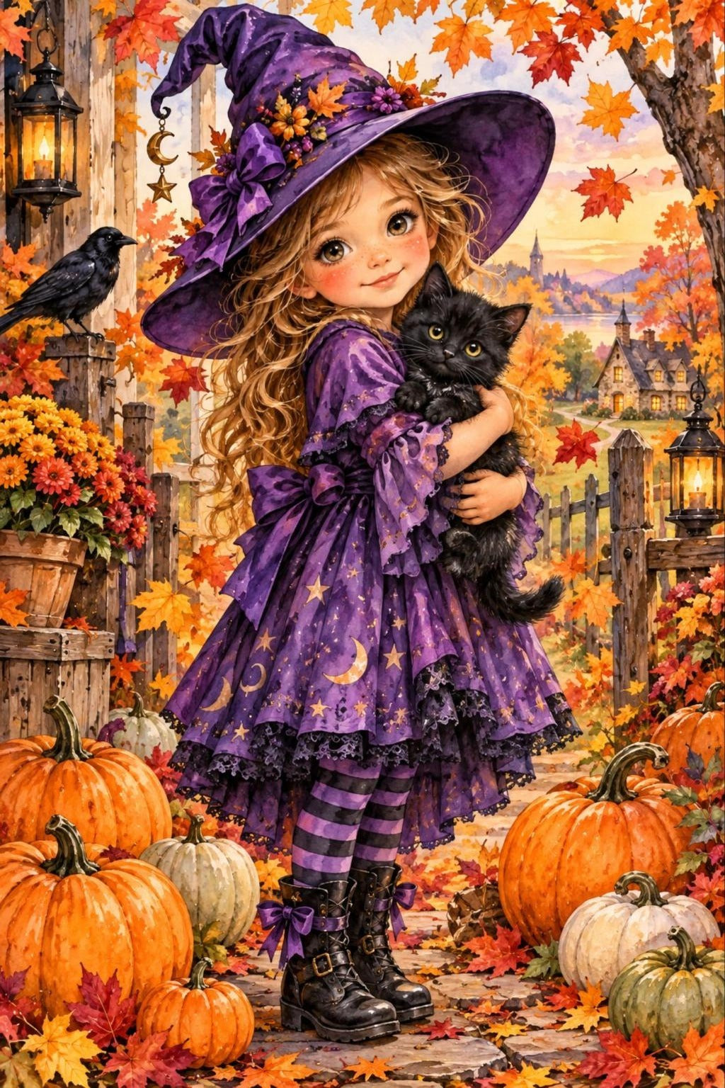 Mädchen im Hexenkostüm mit Katze Diamond Painting