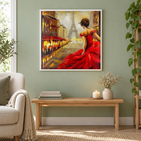 Mädchen im roten Kleid & Eiffelturm als gerahmtes Diamond Painting im Wohnzimmer