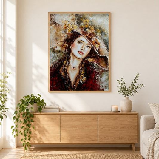 Mädchen im schönen Hut als gerahmtes Diamond Painting im Wohnzimmer