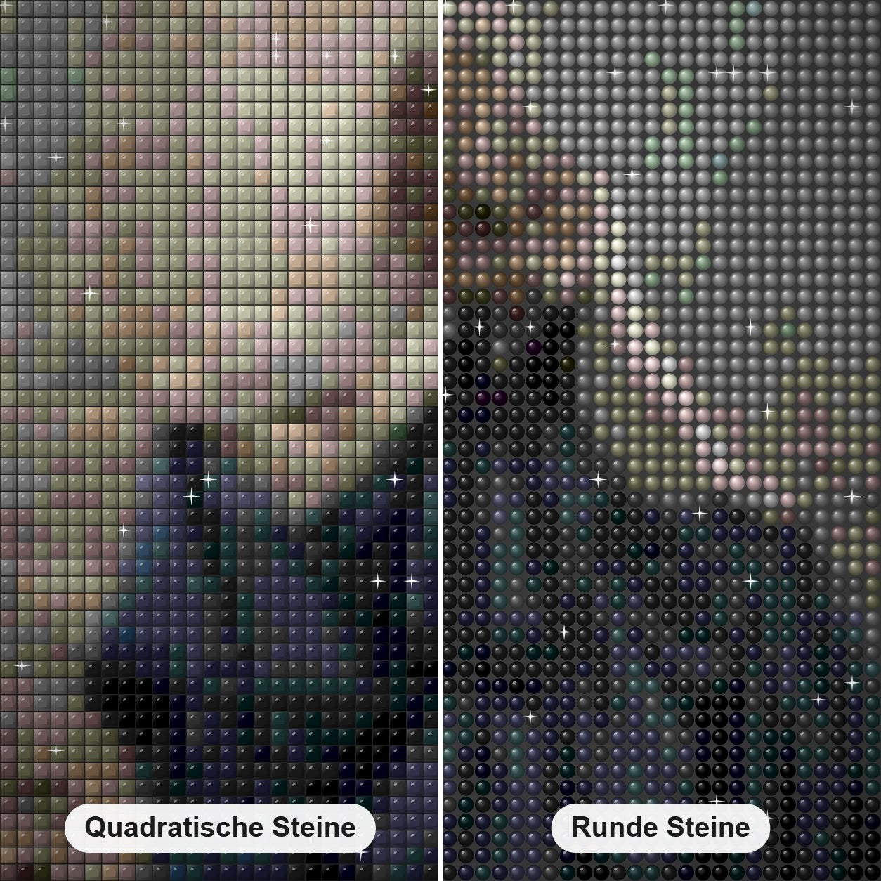 Mädchen im schwarzen Ballkleid Diamond Painting Nahaufnahme mit quadratischen und runden Steinen