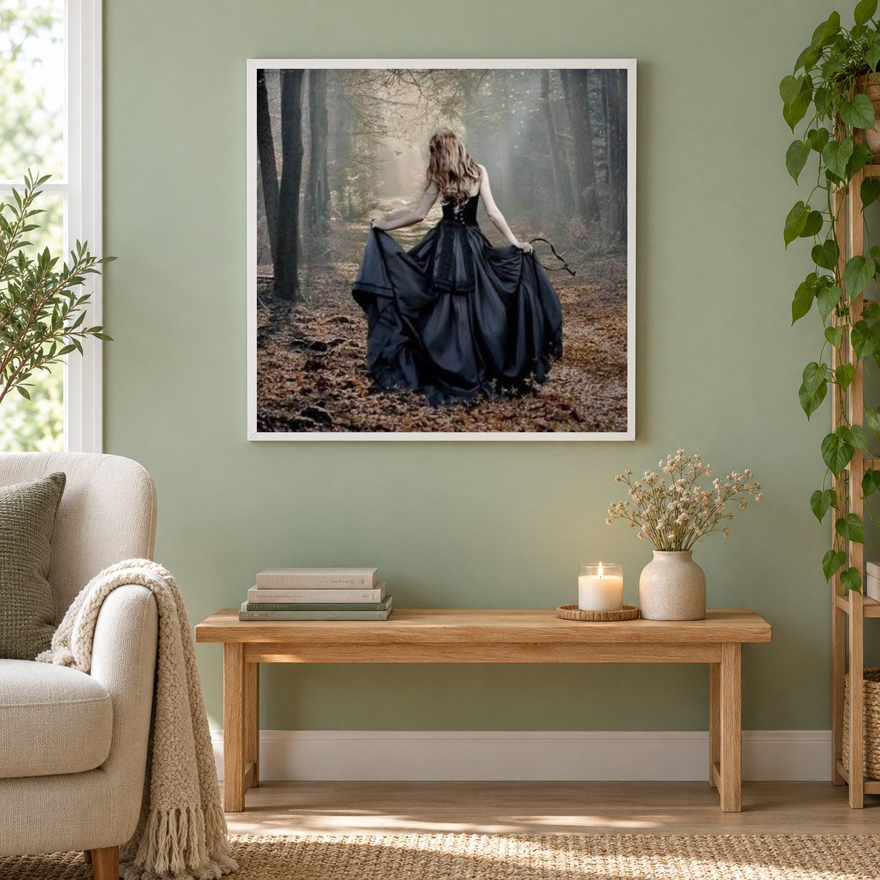 Mädchen im schwarzen Ballkleid als gerahmtes Diamond Painting im Wohnzimmer