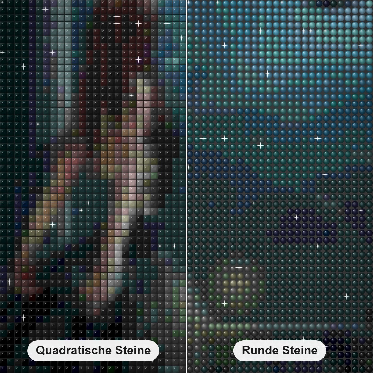 Mädchen in schwarz mit Mond Diamond Painting Nahaufnahme mit quadratischen und runden Steinen
