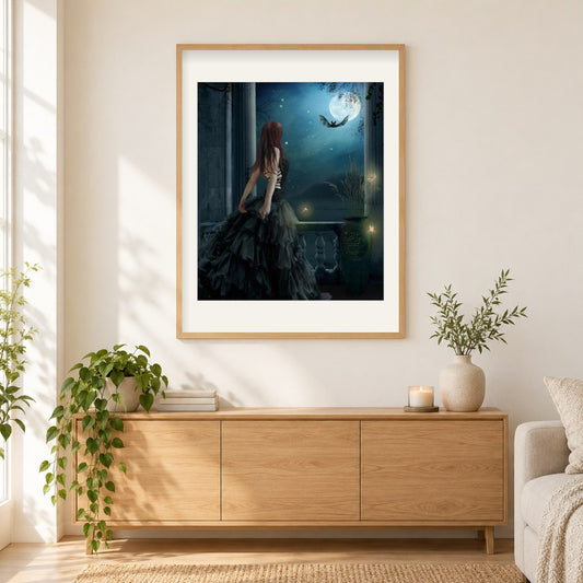 Mädchen in schwarz mit Mond als gerahmtes Diamond Painting im Wohnzimmer
