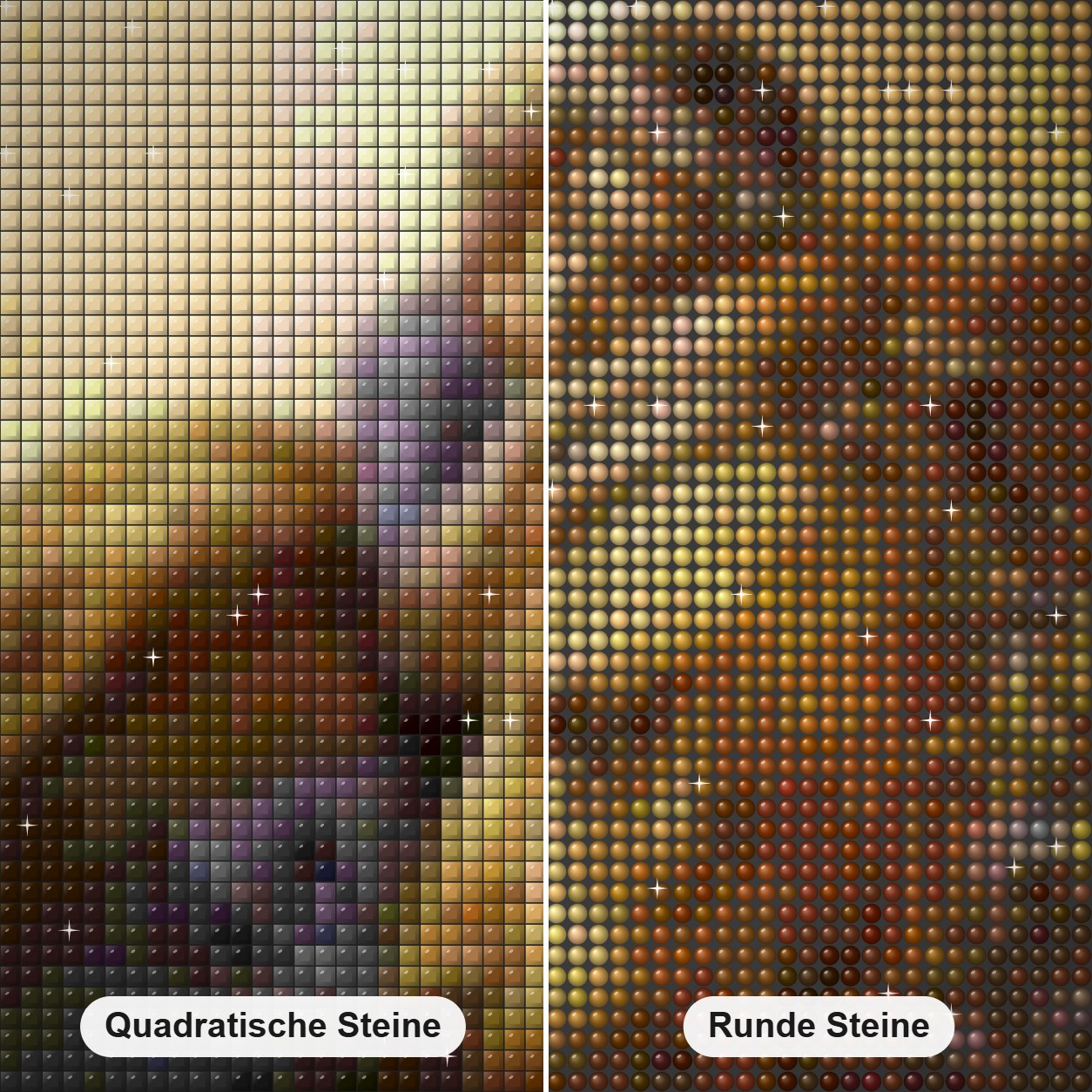 Mädchen & Löwe Diamond Painting Nahaufnahme mit quadratischen und runden Steinen