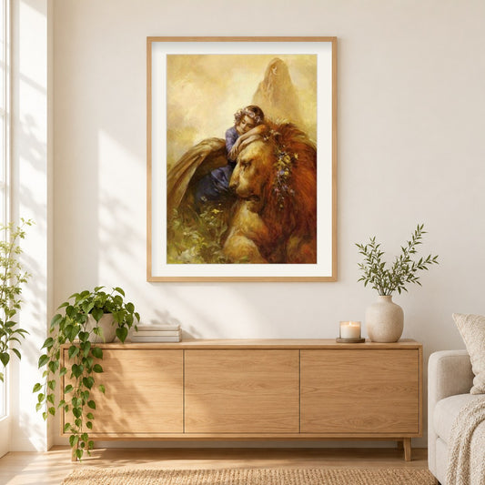 Mädchen & Löwe als gerahmtes Diamond Painting im Wohnzimmer