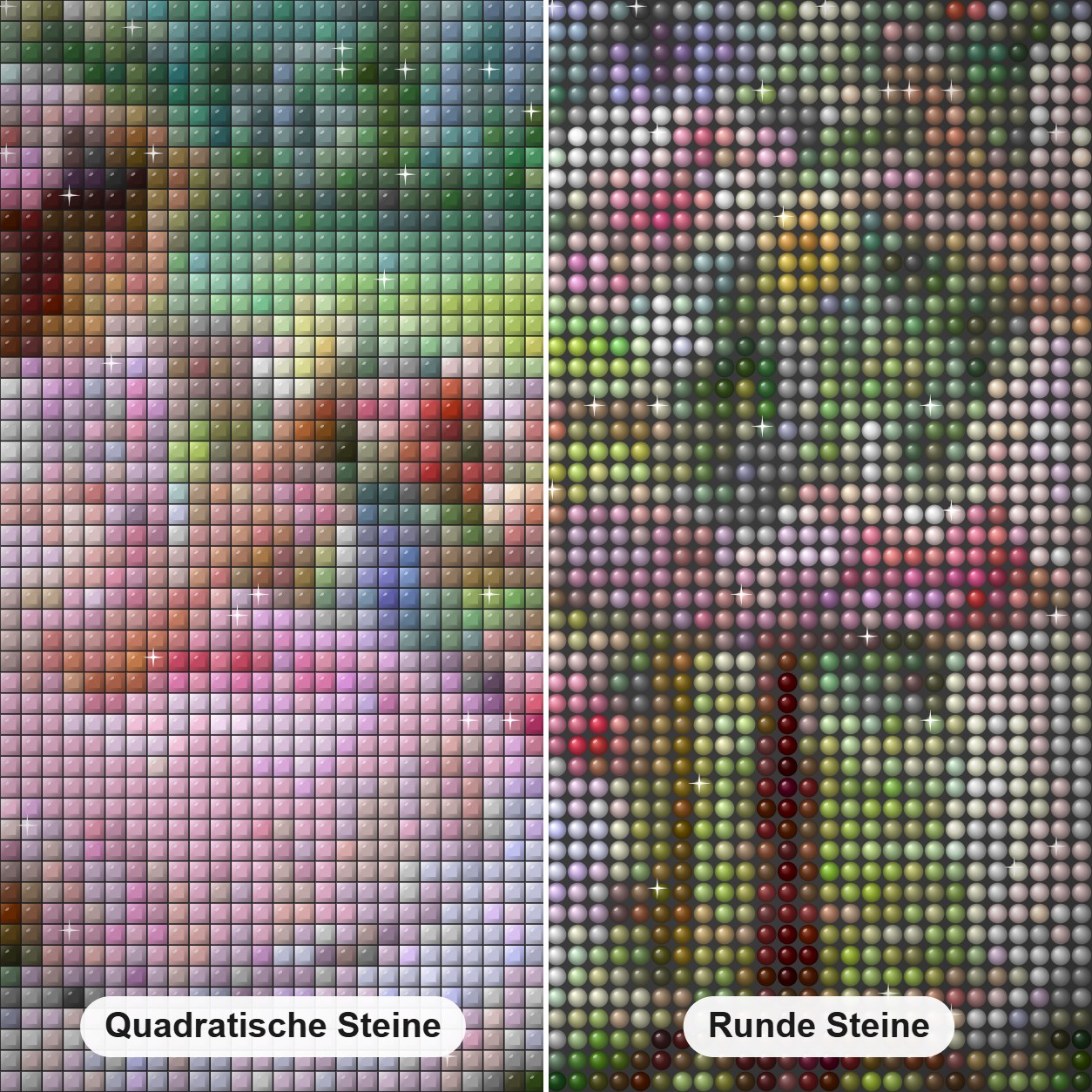 Mädchen pflücken Blumen im Garten Diamond Painting Nahaufnahme mit quadratischen und runden Steinen