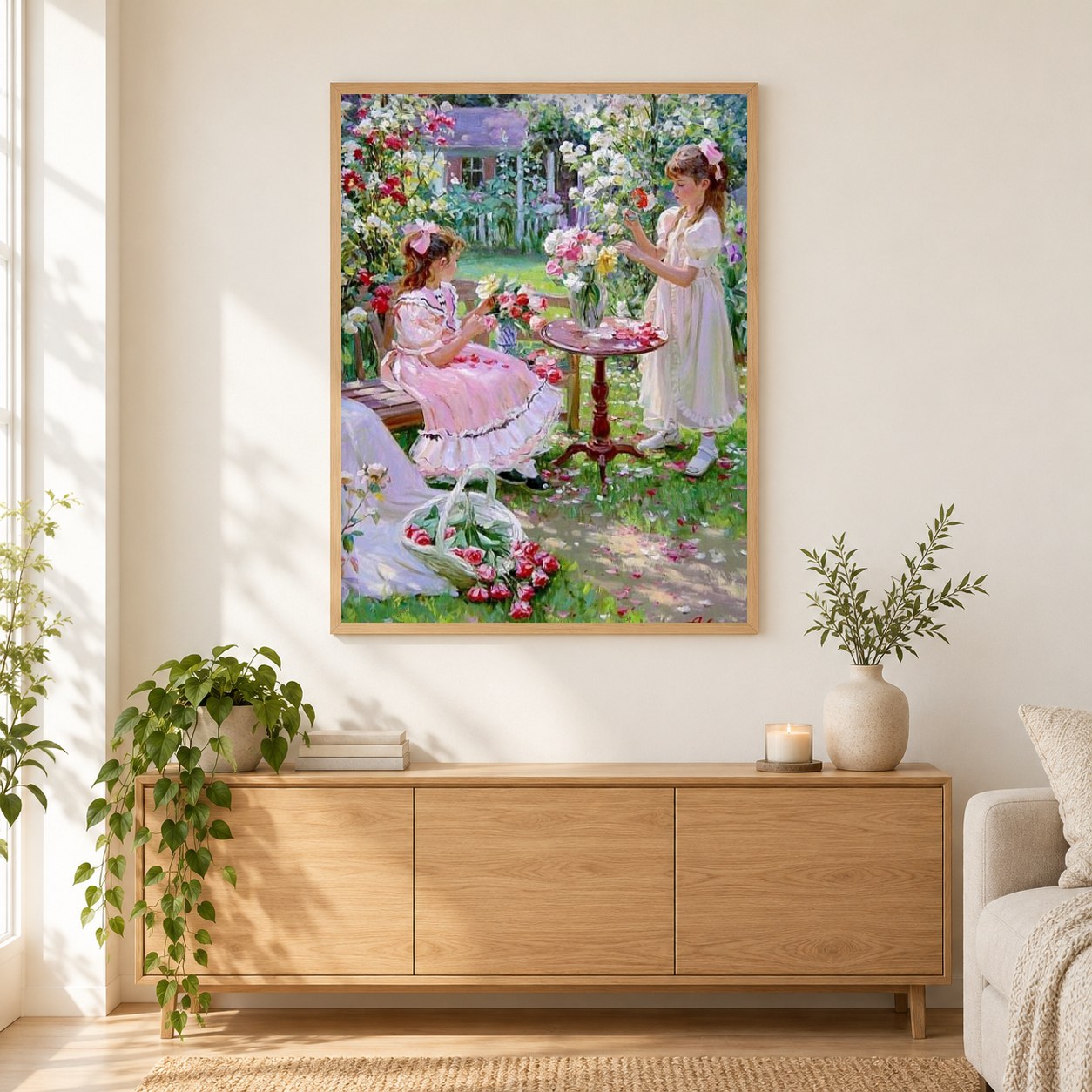 Mädchen pflücken Blumen im Garten als gerahmtes Diamond Painting im Wohnzimmer