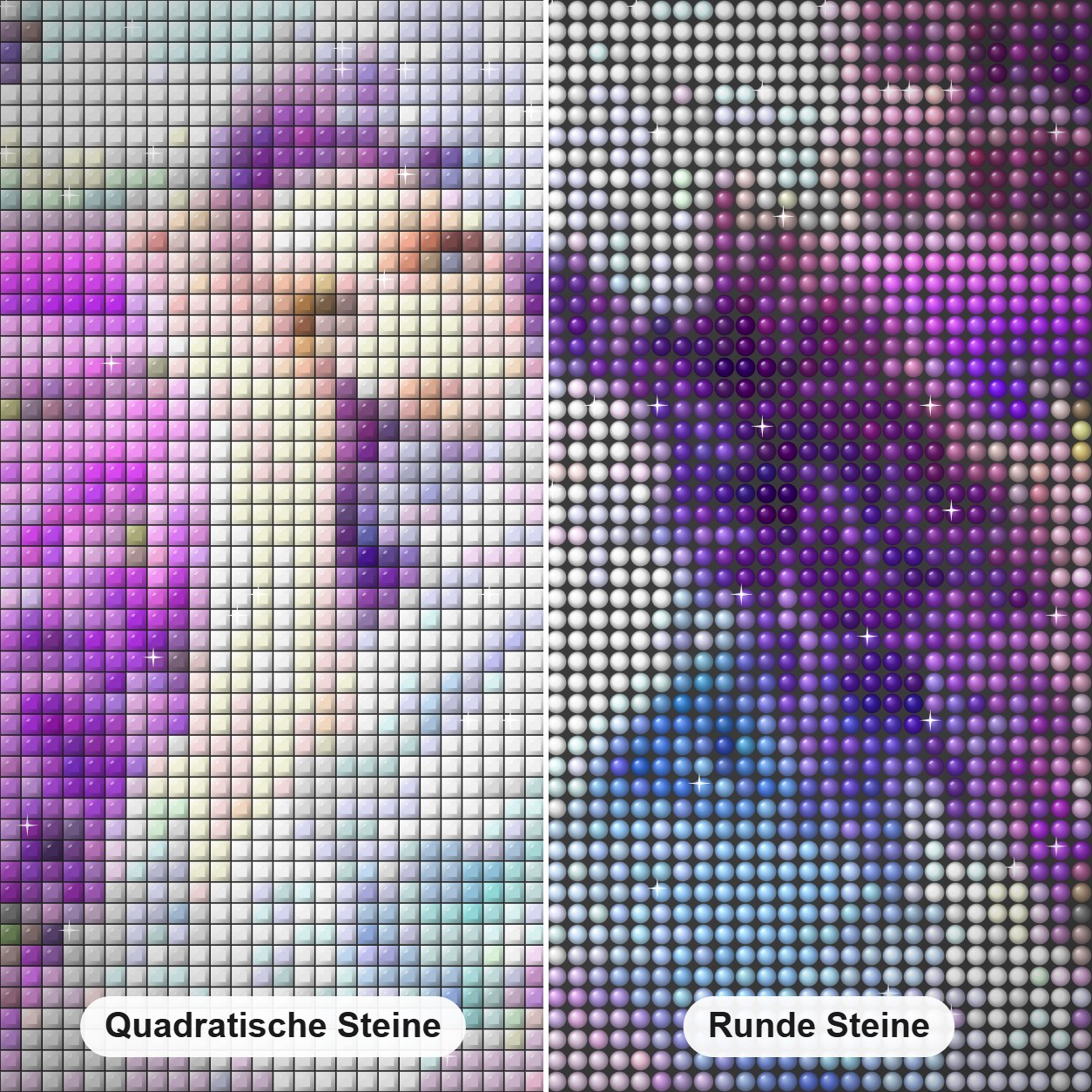 Mädchen sitzt in Lavendel Blumen Diamond Painting Nahaufnahme mit quadratischen und runden Steinen