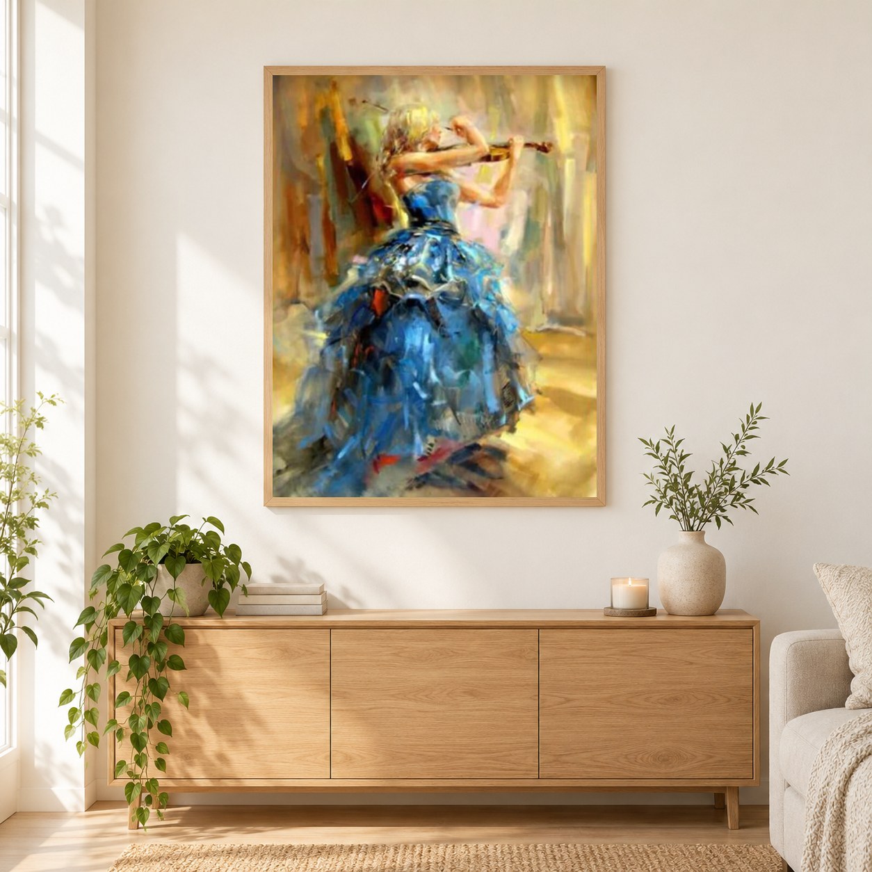 Mädchen spielt Geige & Tanzen als gerahmtes Diamond Painting im Wohnzimmer