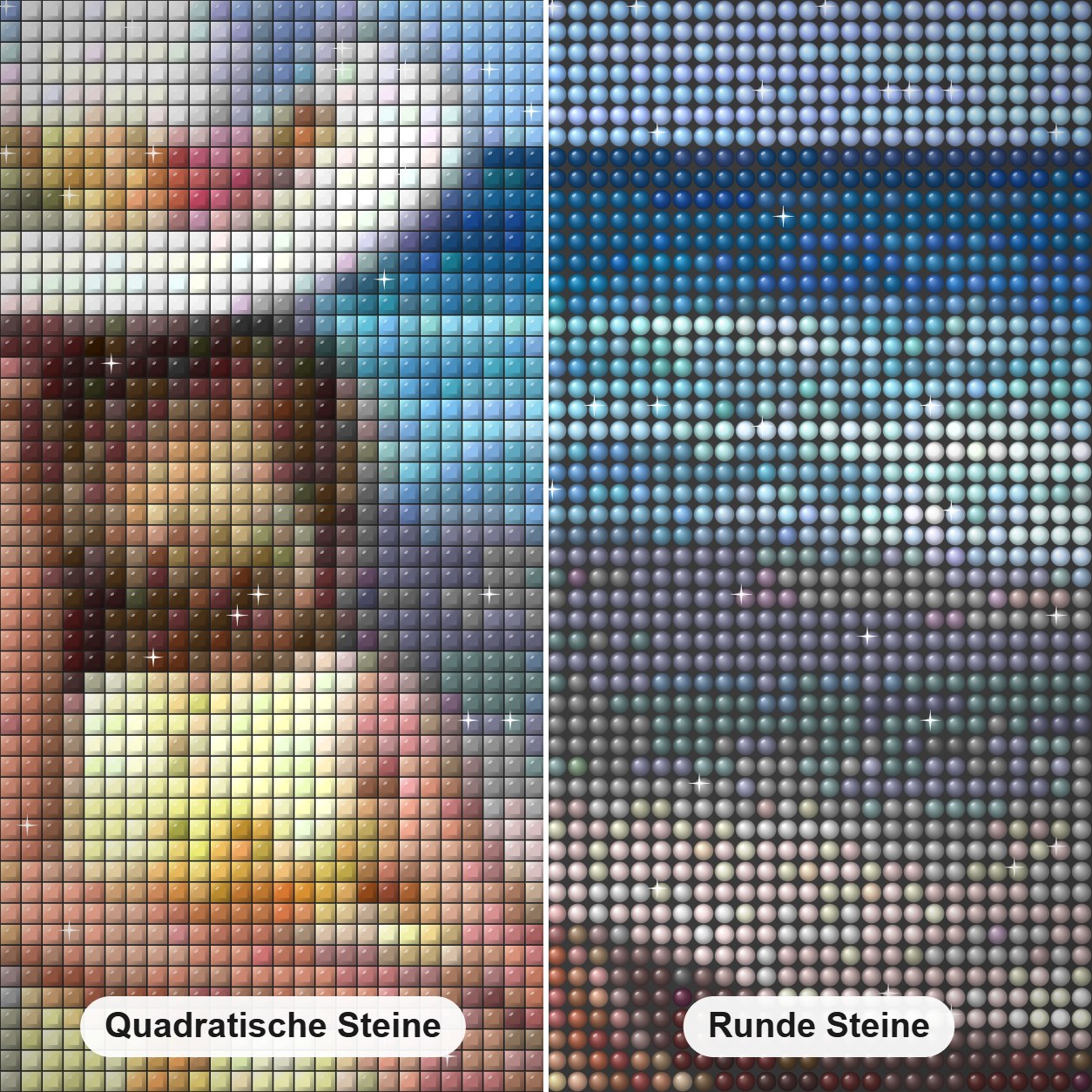 Mädchen und Mutter am Strand Diamond Painting Nahaufnahme mit quadratischen und runden Steinen