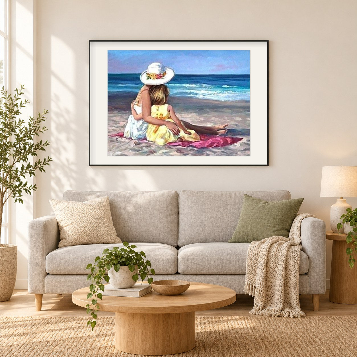 Mädchen und Mutter am Strand als gerahmtes Diamond Painting im Wohnzimmer