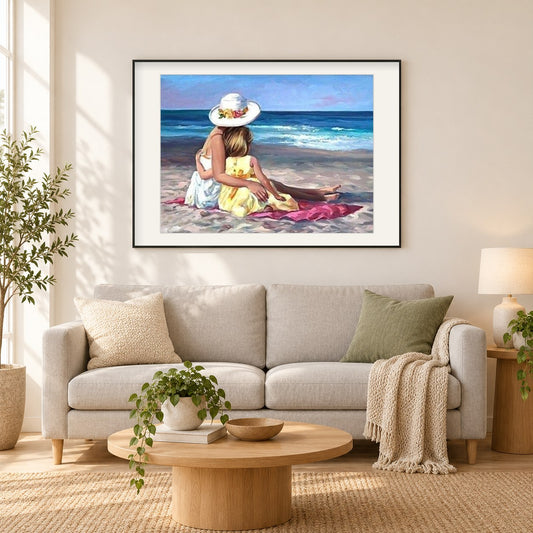 Mädchen und Mutter am Strand als gerahmtes Diamond Painting im Wohnzimmer