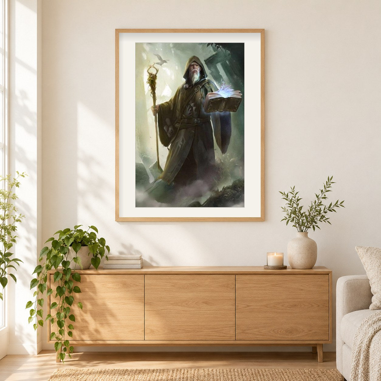 Magier mit Zauberbuch als gerahmtes Diamond Painting im Wohnzimmer