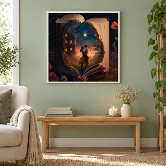 Zauberbuch der Liebe - Gemälde von Diamond als gerahmtes Diamond Painting im Wohnzimmer