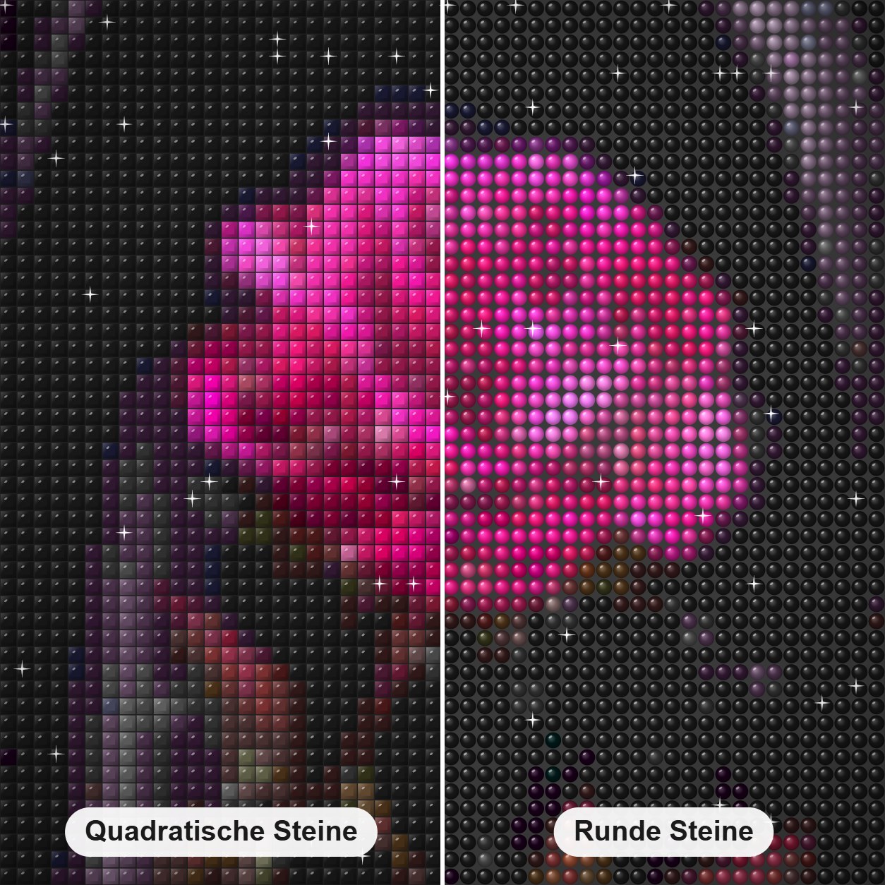 Magische Blume Diamond Painting Nahaufnahme mit quadratischen und runden Steinen