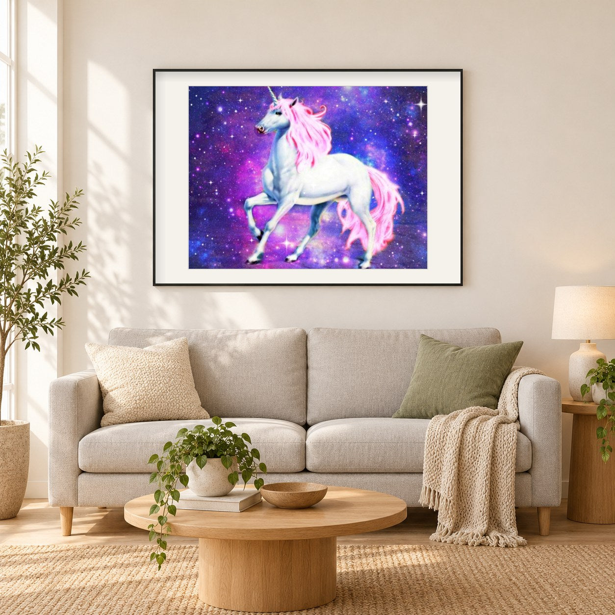 Magisches Einhorn in der Galaxie als gerahmtes Diamond Painting im Wohnzimmer