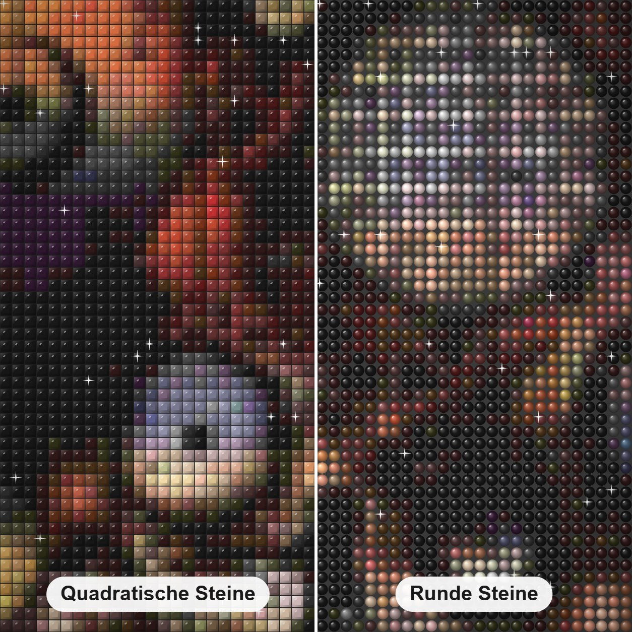 Magisches Mädchen Diamond Painting Nahaufnahme mit quadratischen und runden Steinen