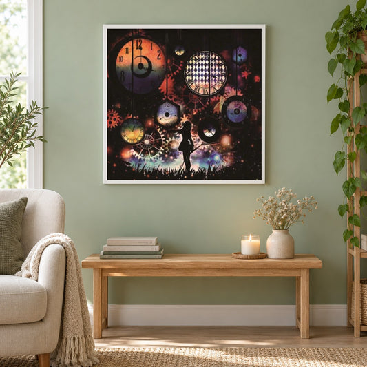 Magisches Mädchen als gerahmtes Diamond Painting im Wohnzimmer