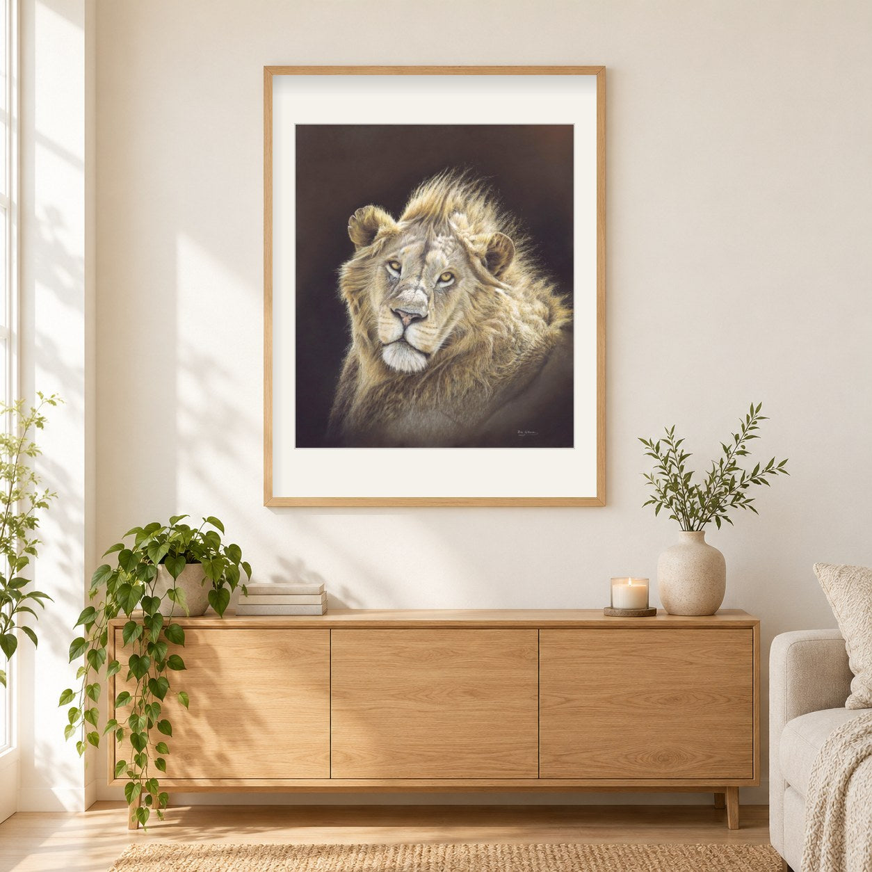 Majestät -  Kunst des Eric Wilson als gerahmtes Diamond Painting im Wohnzimmer
