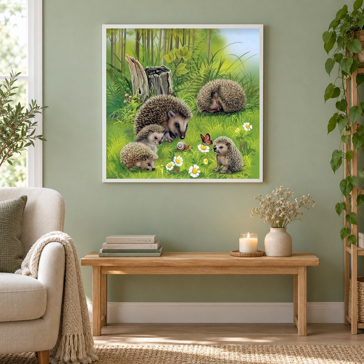 Malerei-Kit der Igelfamilie als gerahmtes Diamond Painting im Wohnzimmer