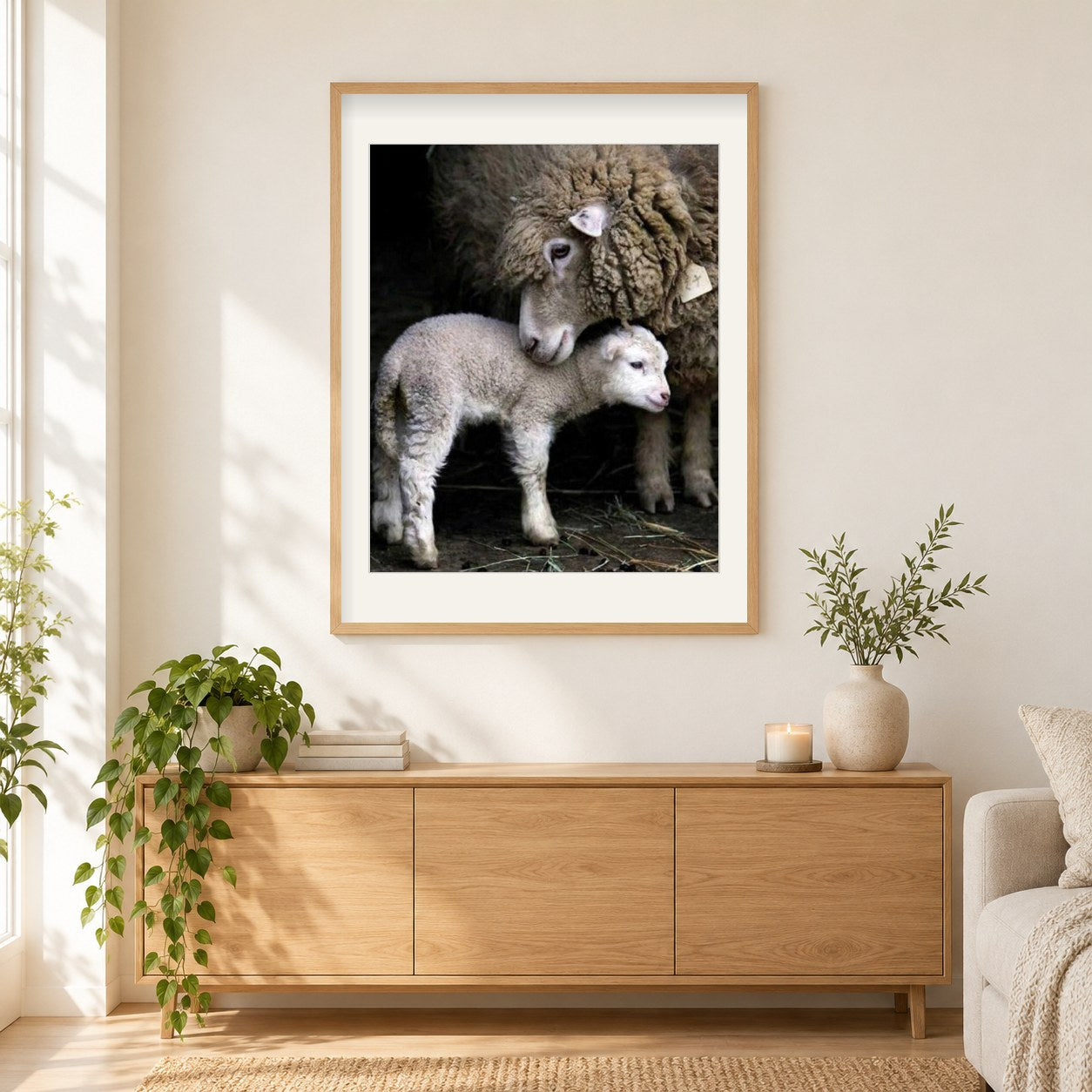 Mama und Babyschaf als gerahmtes Diamond Painting im Wohnzimmer